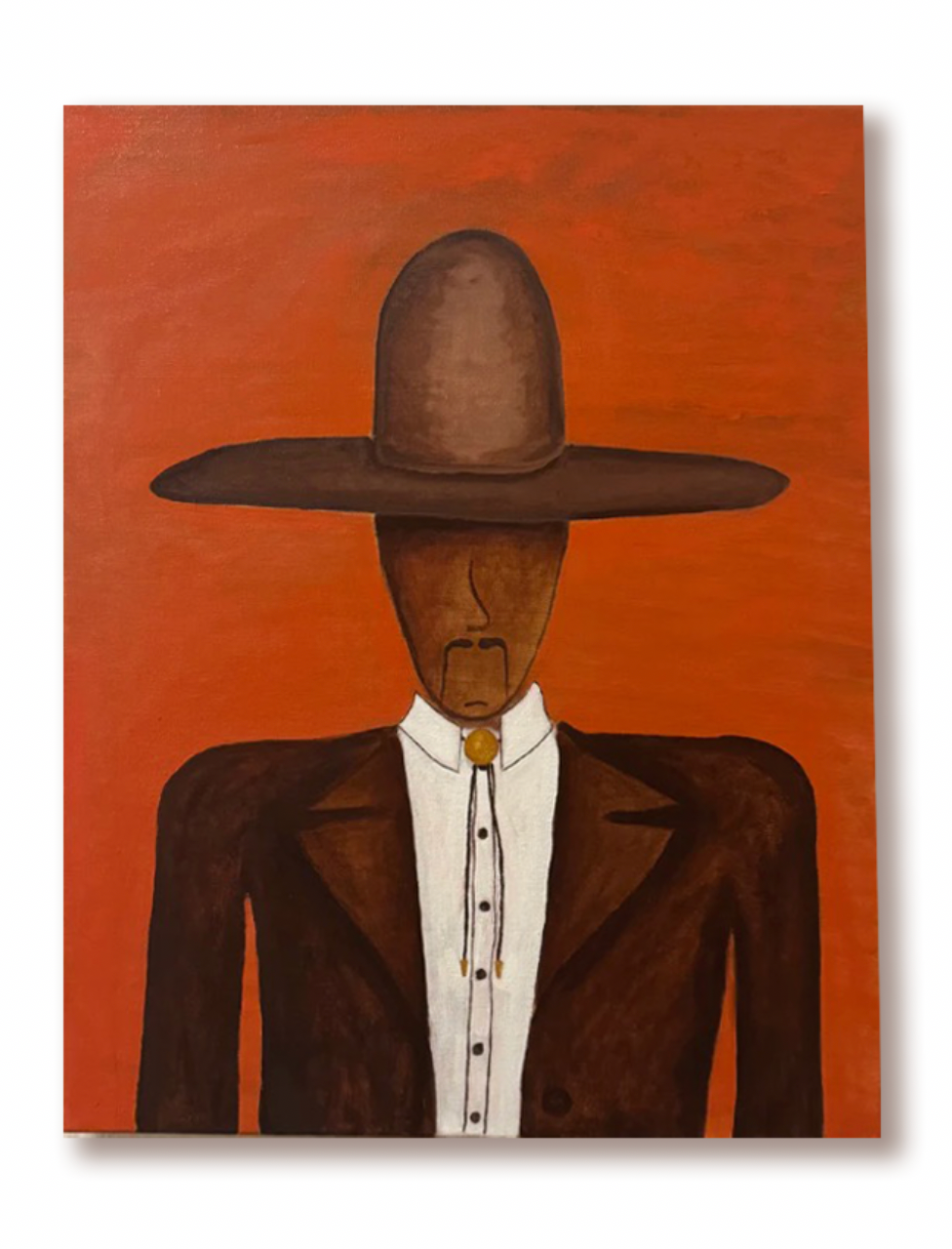 Artistic depiction of a figure wearing a wide-brimmed hat on an orange background