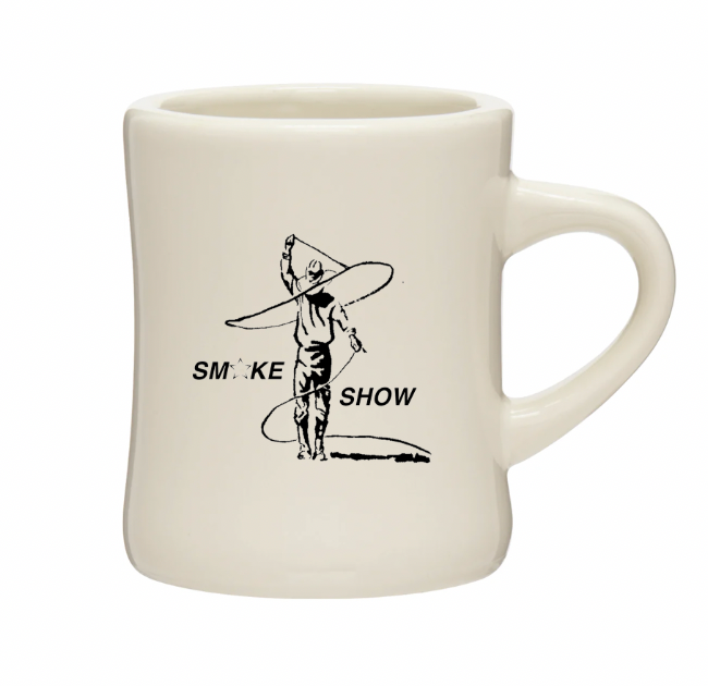 White mug with black graphic and text on a white background