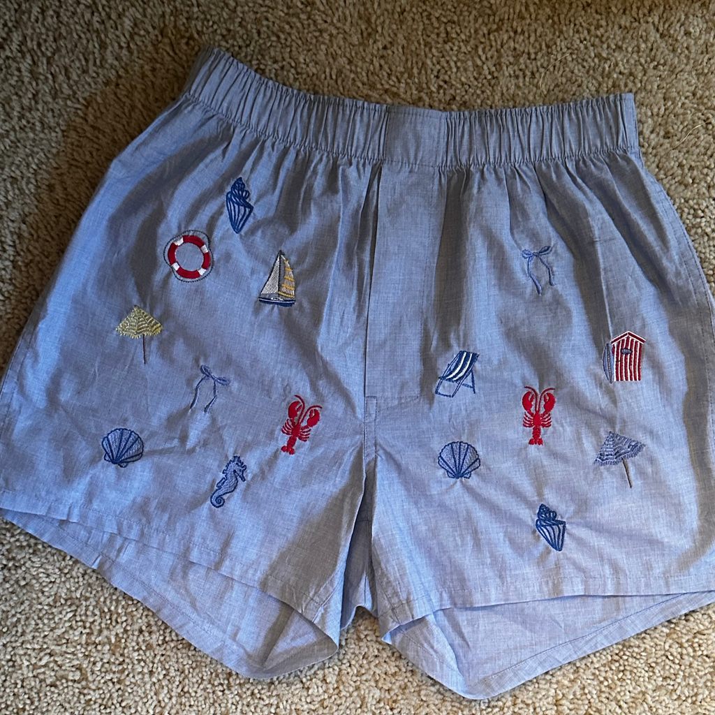 patchwork Custom embroidered blue boxers with costal theme with lobsters, shells, beach chair, umbrella