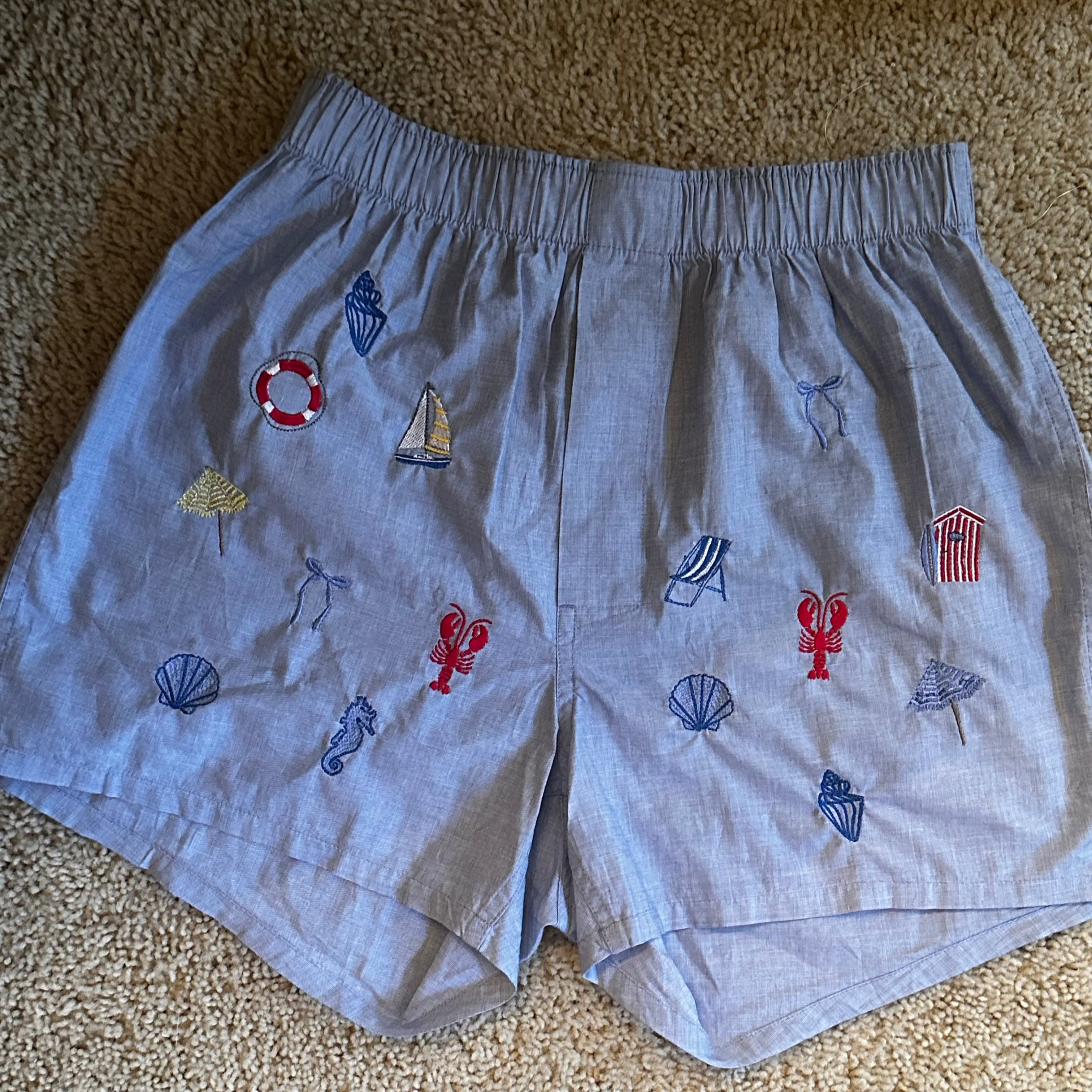 patchwork Custom embroidered blue boxers with costal theme with lobsters, shells, beach chair, umbrella