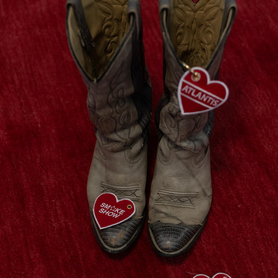 red and white heart keychain or charm with brass keyring with cowboy boots