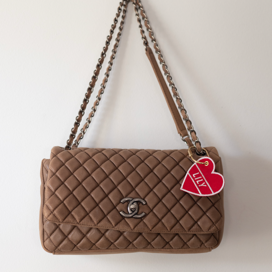 Red and white heart key chain or purse charm with brass key ring 