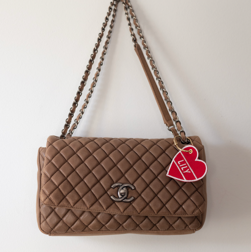 Red and white heart key chain or purse charm with brass key ring 