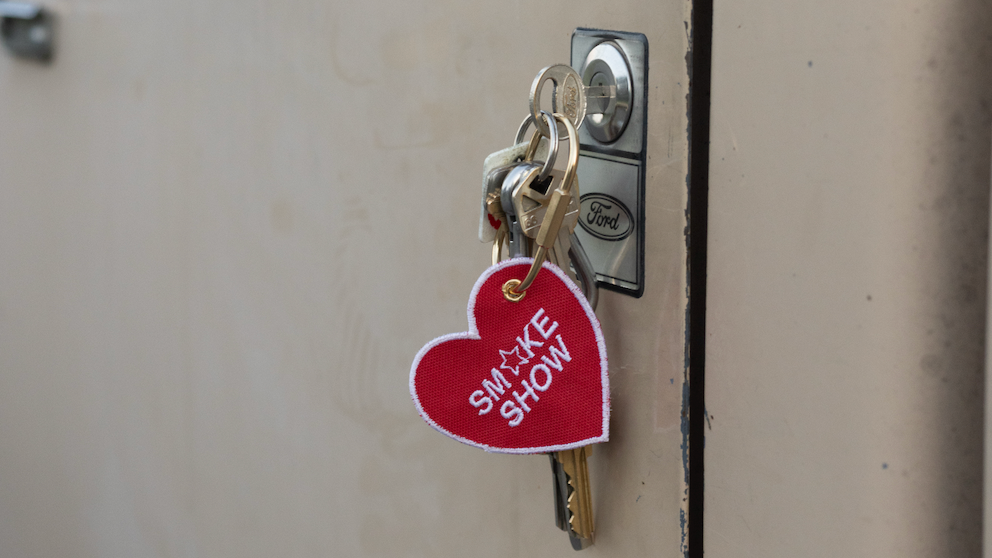 red and white heart keychain with brass keyring hoping an old ford truck