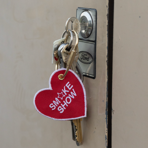 red and white heart keychain with brass keyring hoping an old ford truck